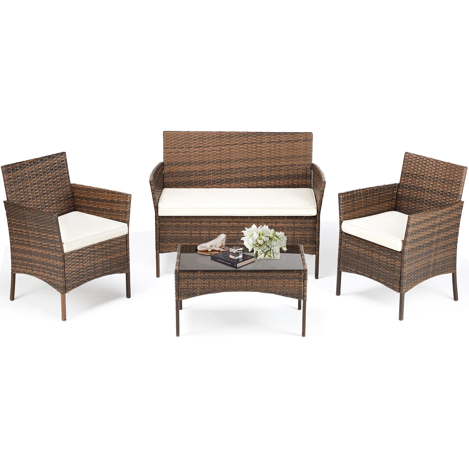 JHK 4 Piece Outdoor Patio Furniture Set with Soft Cushion and Glass Table Manual Weaving Wicker Rattan Patio Chairs For Garden