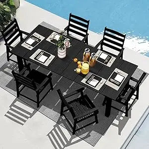 7 Pieces Patio Dining Sets, 75.2'' Table Outdoor HDPE Furniture Set w/ 2" Hole Cut-Out Dining Table with 6 Patio Chairs for Law