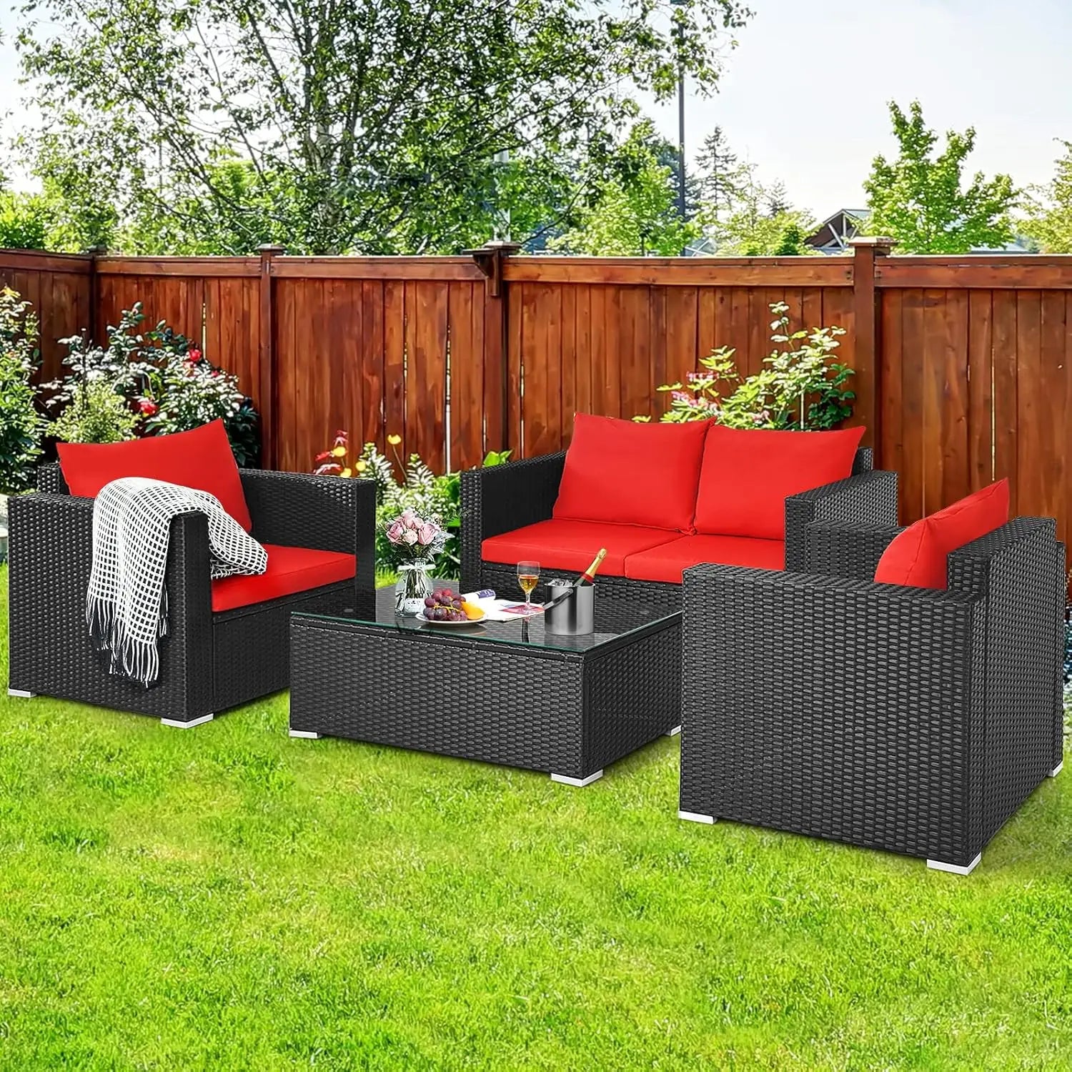 4pc Cushioned Rattan Patio Furniture Set Sofa Loveseat Chair Coffee Table Tempered Glass Top Garden Pool Balcony, Customized