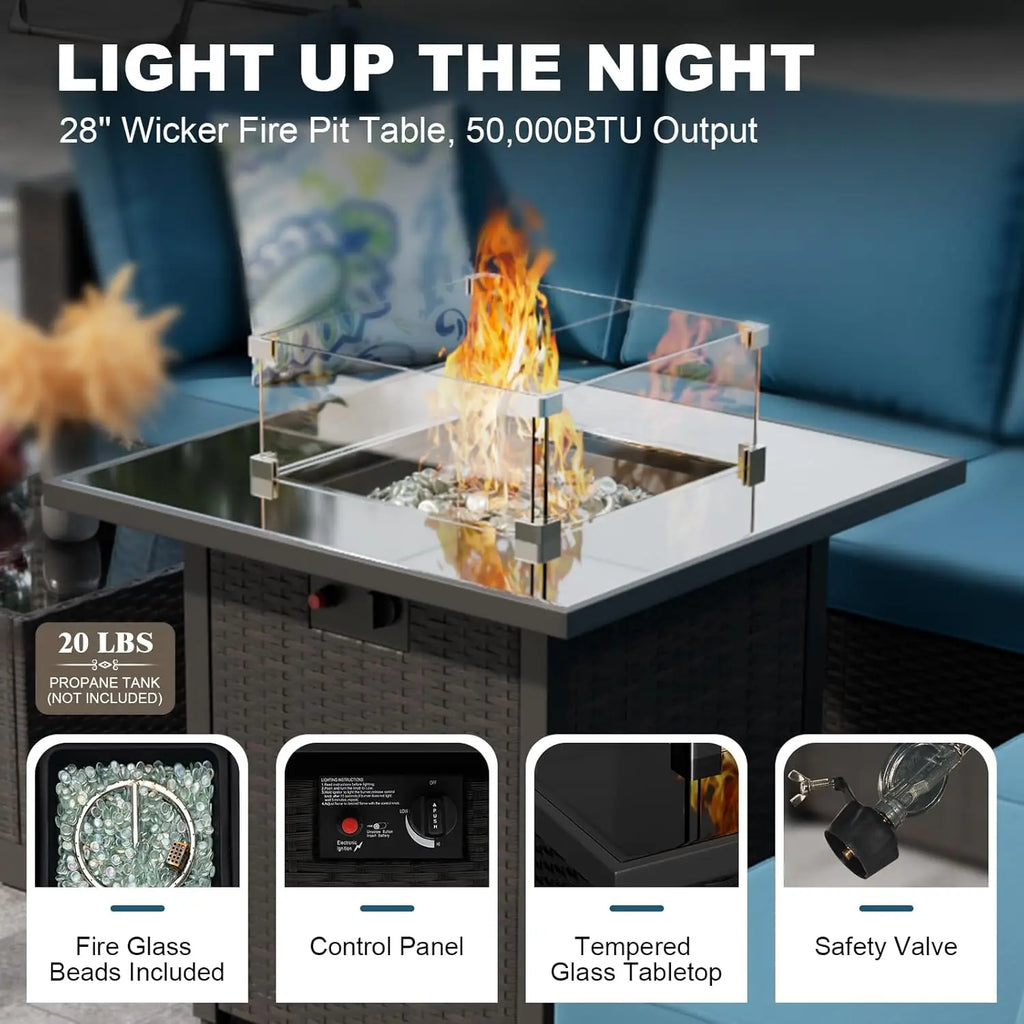 8pc Outdoor Patio Set with Fire Pit Table Wicker Sectional Sofa Thick Cushions Garden Lawn Pool Backyard, Customized
