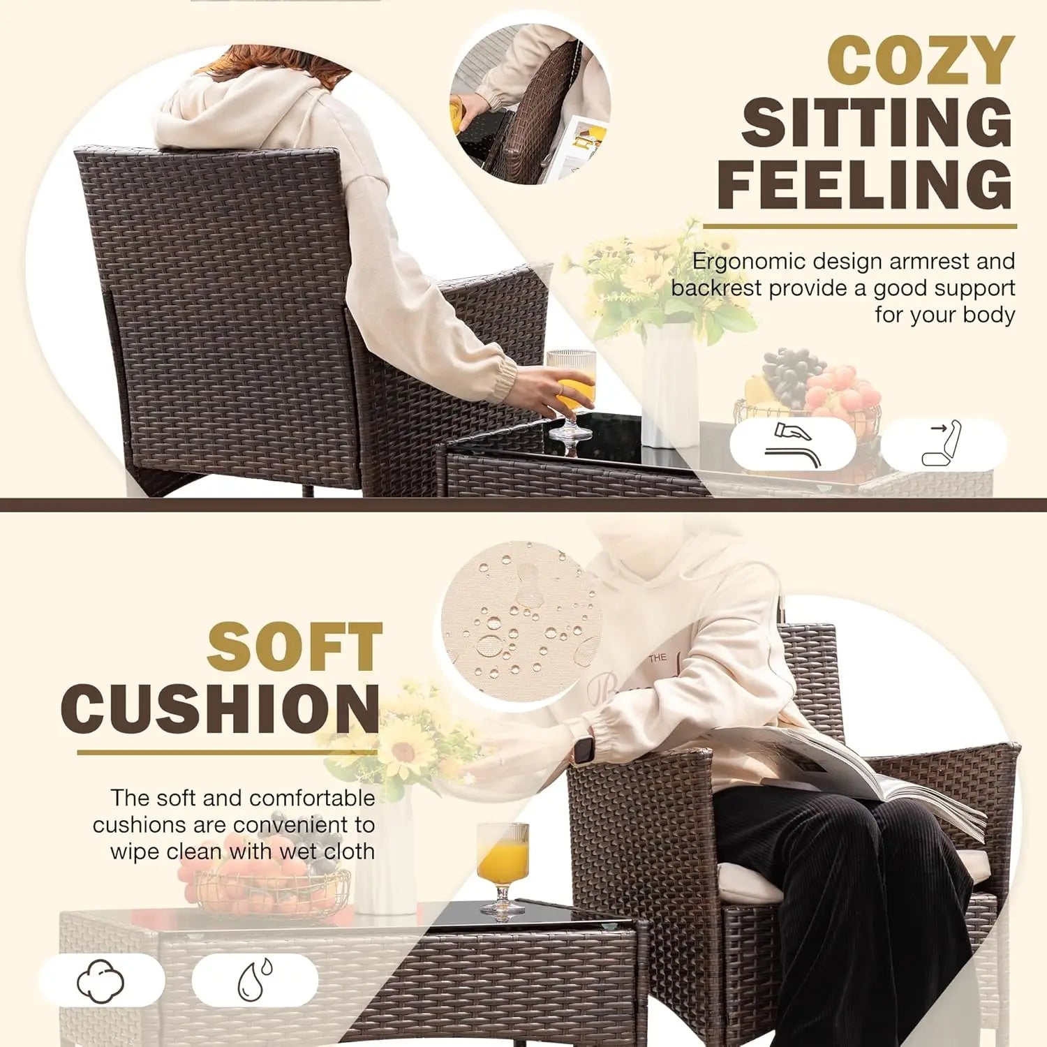 4 Pieces Outdoor Patio Furniture Sets Rattan Chair Wicker Set,Outdoor Indoor Use Backyard Porch