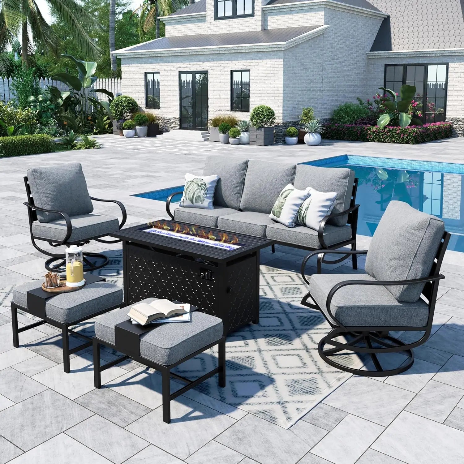 45" Gas Fire Pit Table With 2 X Swivel Chairs, Cushioned Sofa