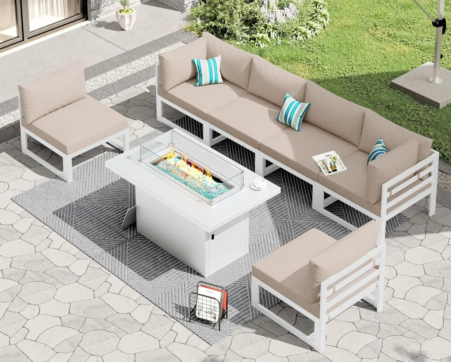 6 Person Large  Outdoor Patio Furniture Set With Fireplace