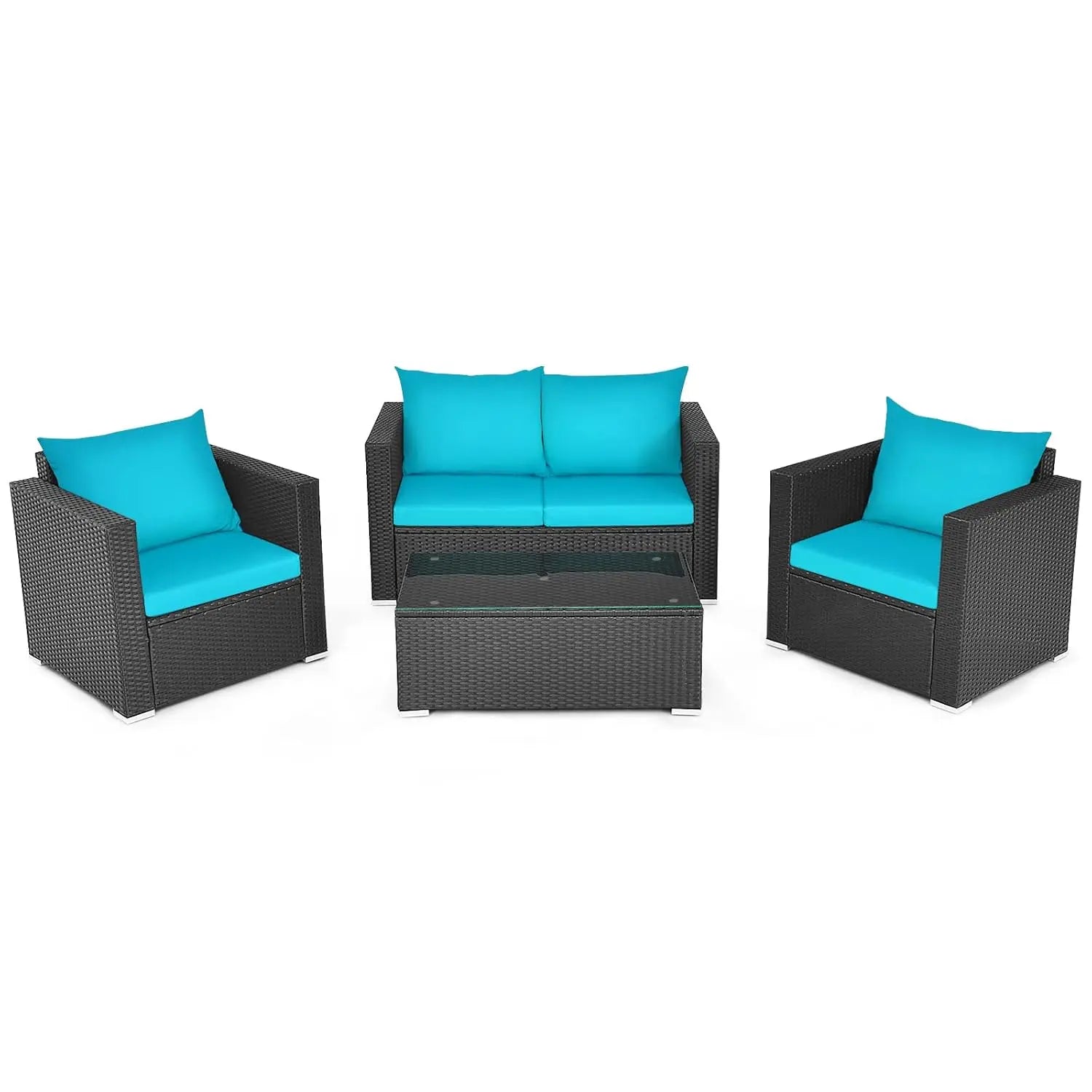 4pc Cushioned Rattan Patio Furniture Set Sofa Loveseat Chair Coffee Table Tempered Glass Top Garden Pool Balcony, Customized