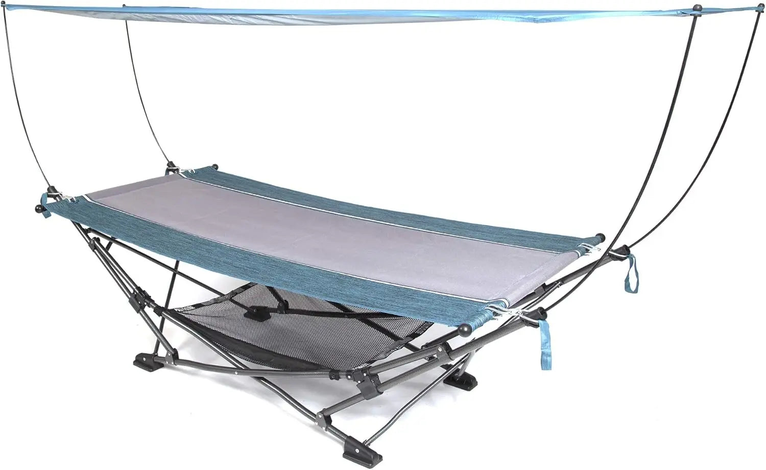 Folding Hammock with Removable Canopy, Pillow, and Storage Net - Freestanding