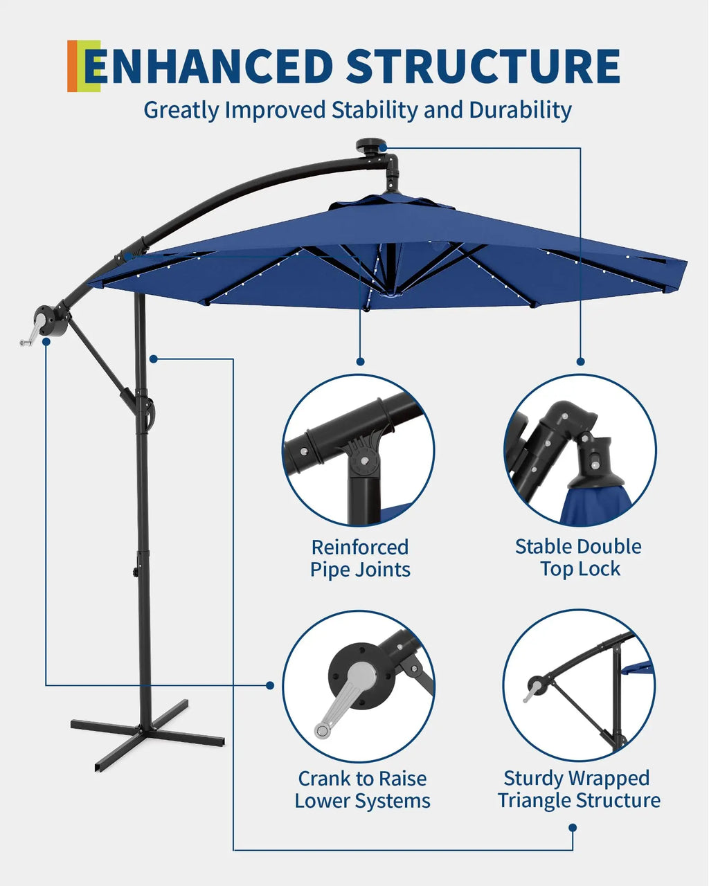 10FT Offset Patio Umbrella With Solar LED Lights