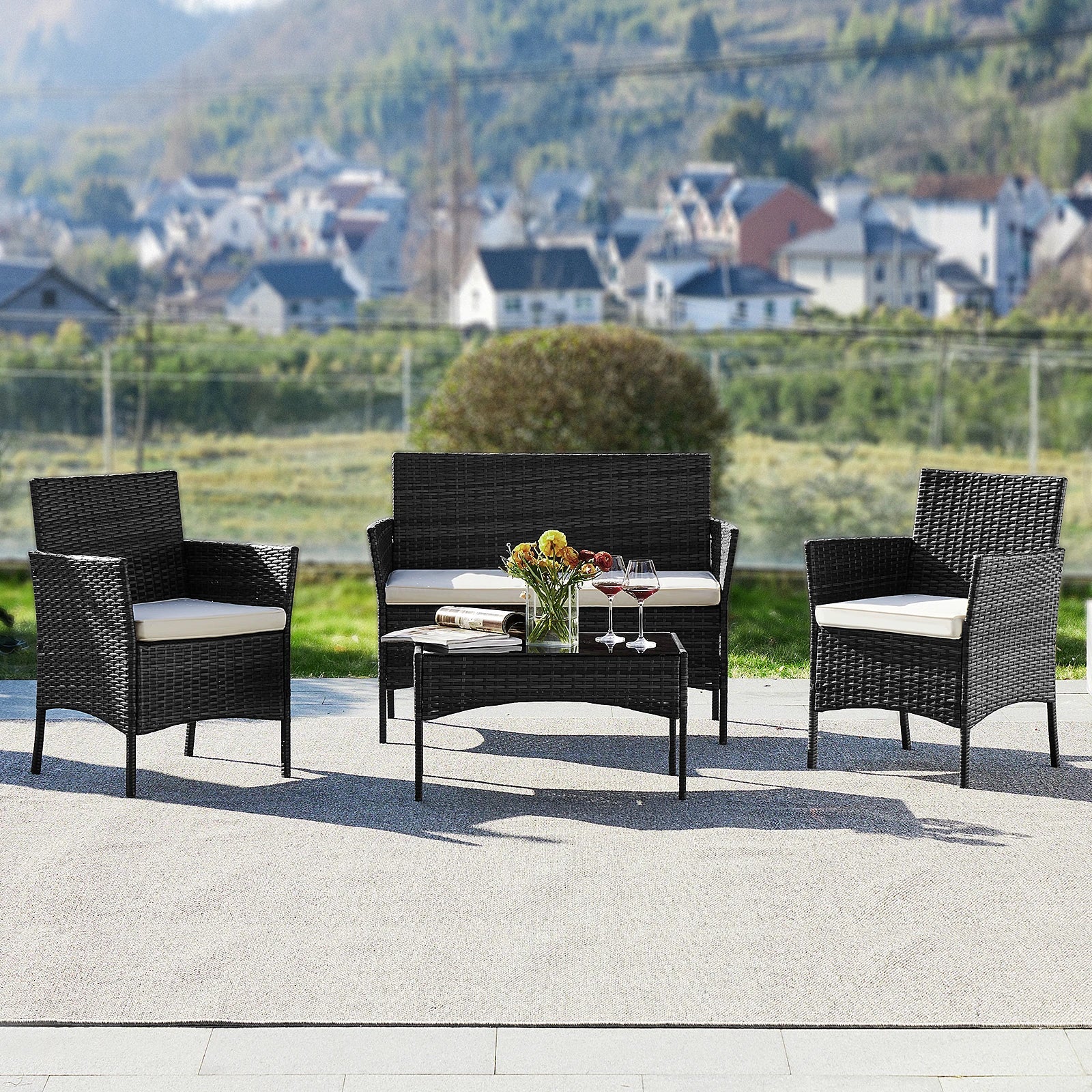 JHK 4 Piece Outdoor Patio Furniture Set with Soft Cushion and Glass Table Manual Weaving Wicker Rattan Patio Chairs For Garden