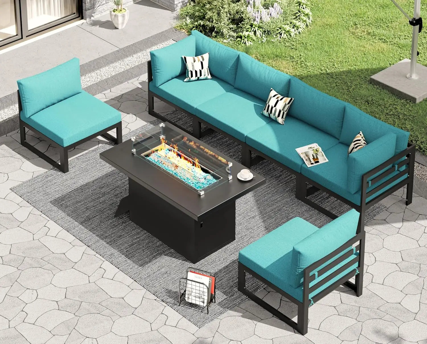 6 Person Large  Outdoor Patio Furniture Set With Fireplace