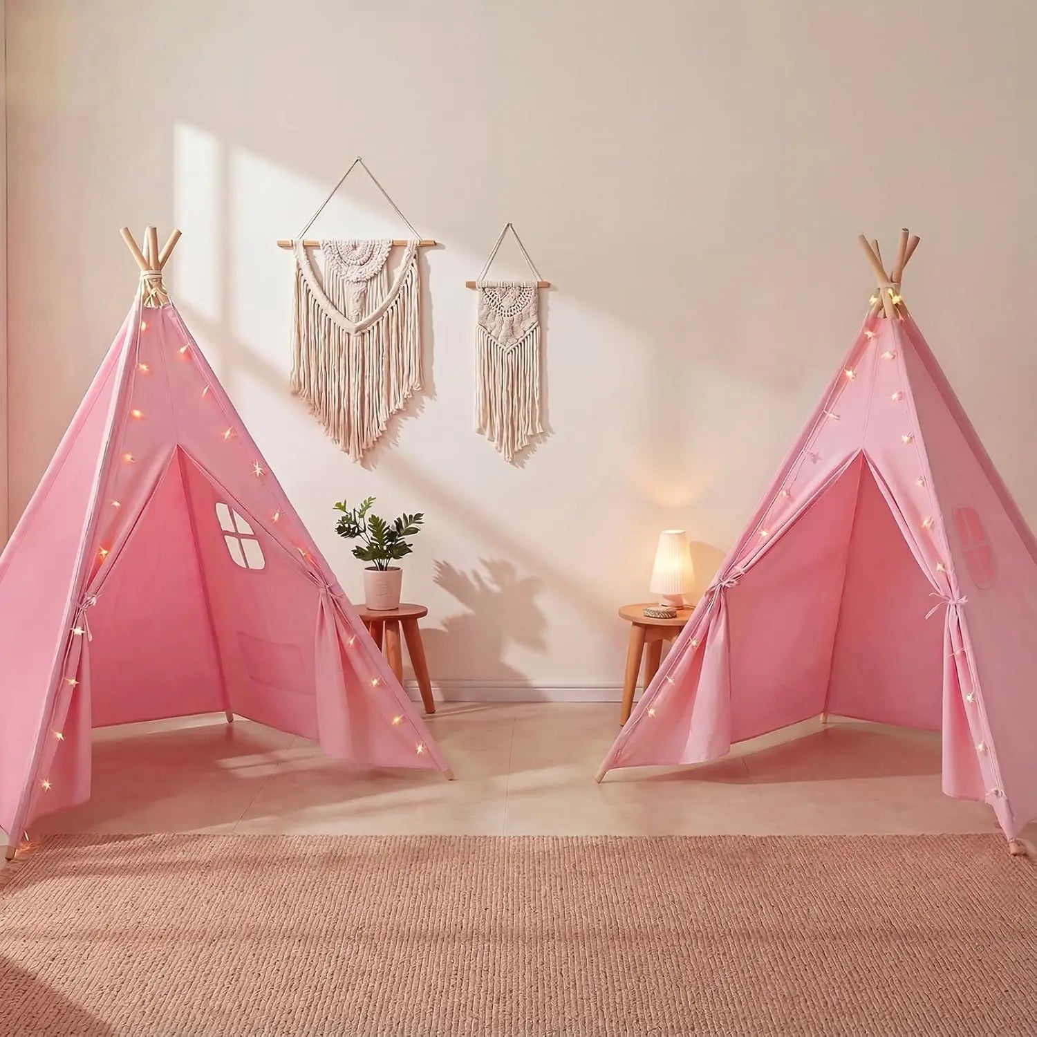 2-Pack Pink Teepee Tents for Kids with Lights, Foldable Playhouse for Sleepover Parties and Indoor Fun