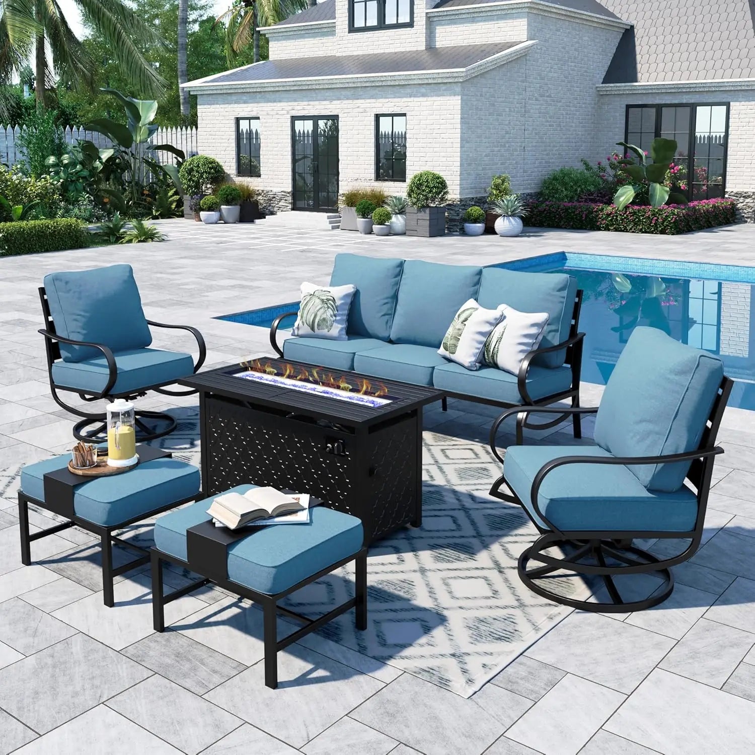 45" Gas Fire Pit Table With 2 X Swivel Chairs, Cushioned Sofa