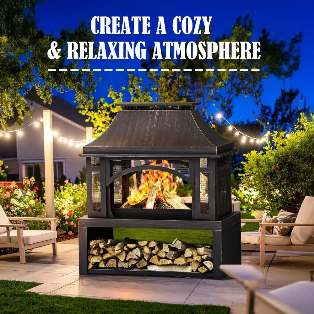 Large Outdoor Fire Pit with Chimney & Wood Storage - Ideal for Backyard, Patio, Camping