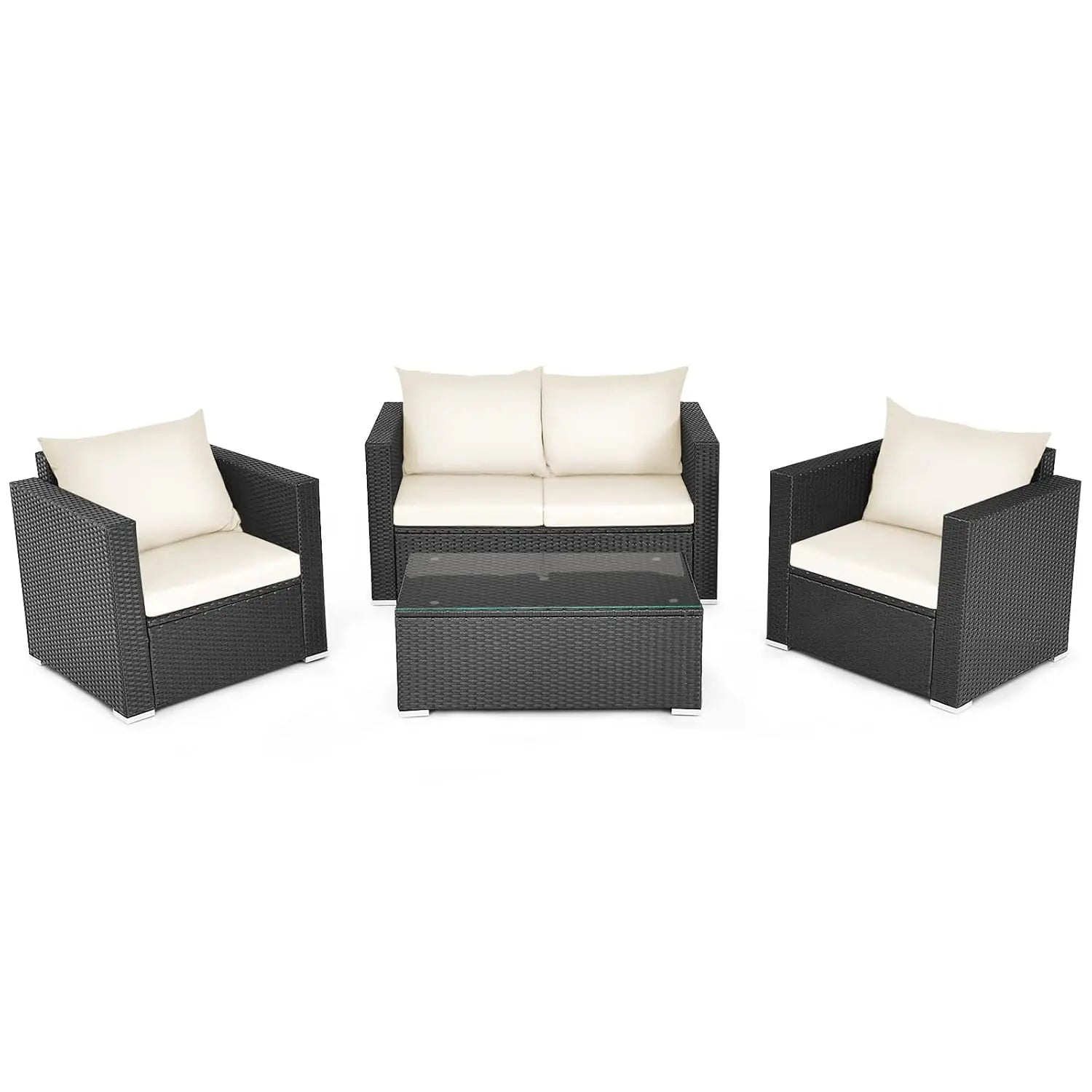 4pc Cushioned Rattan Patio Furniture Set Sofa Loveseat Chair Coffee Table Tempered Glass Top Garden Pool Balcony, Customized