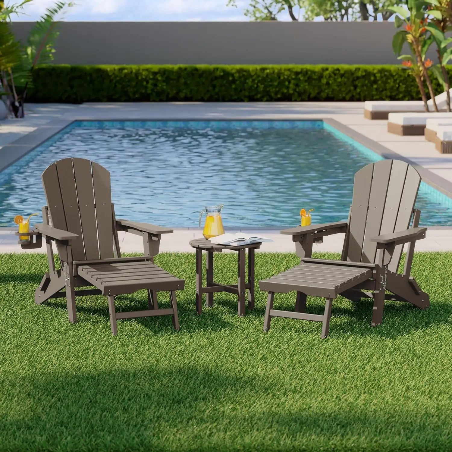 3-Piece Folding Adirondack Chair Set Adjustable Cup Holder Hideaway Ottoman 18" Side Table Outdoor Patio Garden White Custom