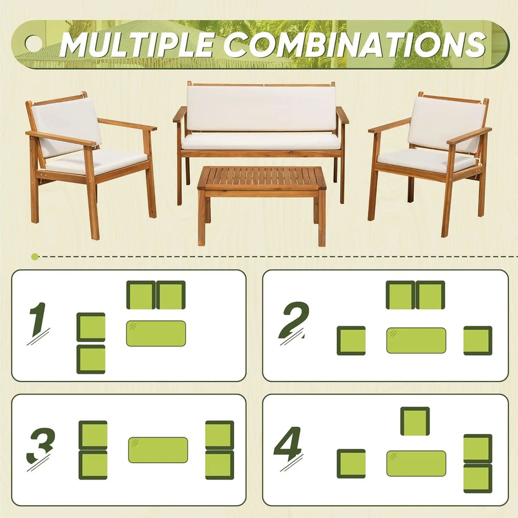 Patio Furniture 4 Piece Outdoor Acacia Wood Patio Conversation Sofa Set with Table & Cushions Porch Furniture for, Customized