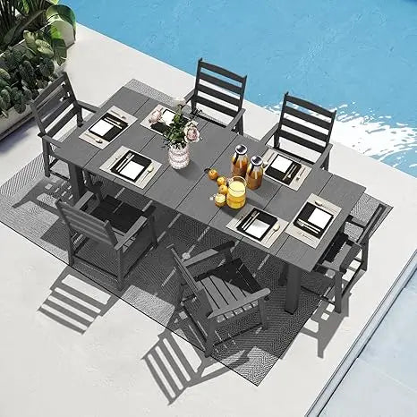 7 Pieces Patio Dining Sets, 75.2'' Table Outdoor HDPE Furniture Set w/ 2" Hole Cut-Out Dining Table with 6 Patio Chairs for Law