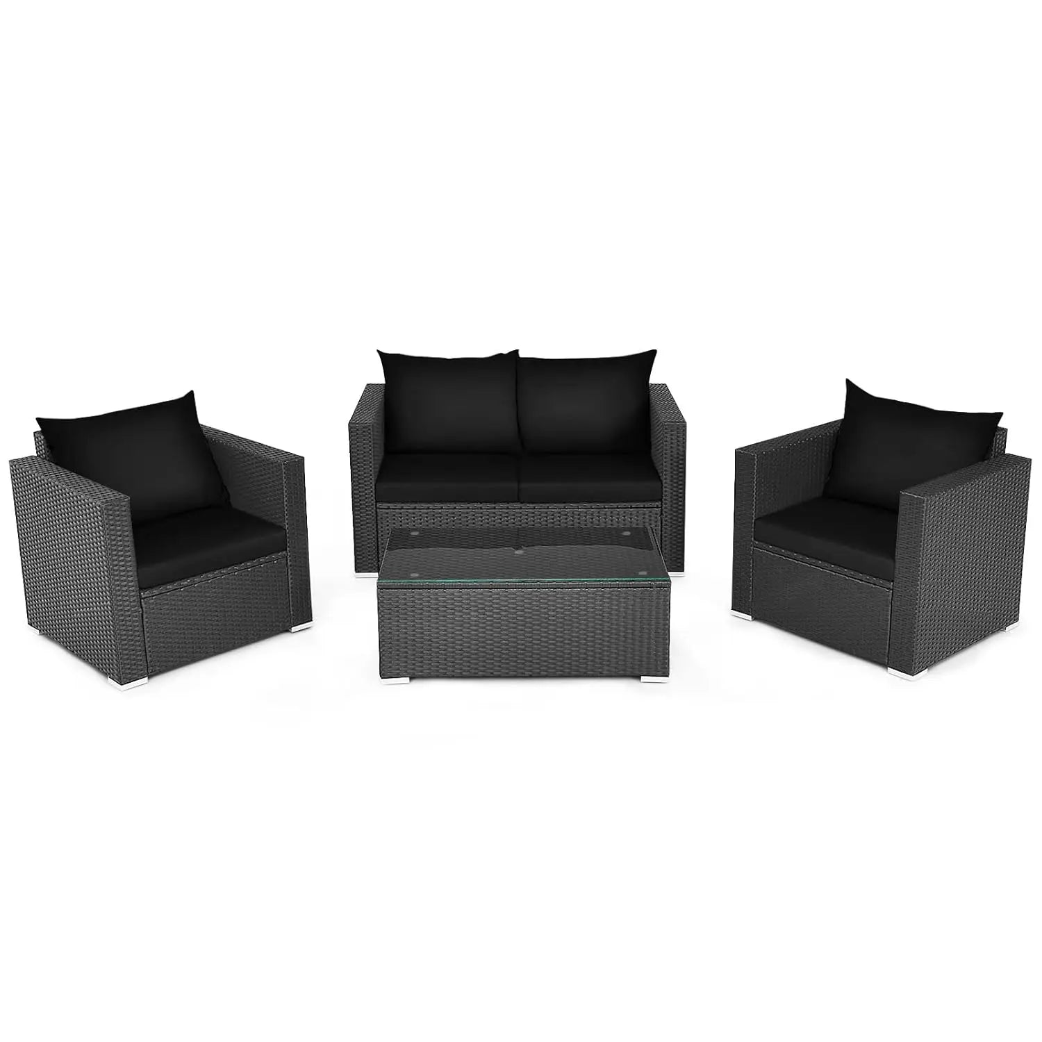 4pc Cushioned Rattan Patio Furniture Set Sofa Loveseat Chair Coffee Table Tempered Glass Top Garden Pool Balcony, Customized