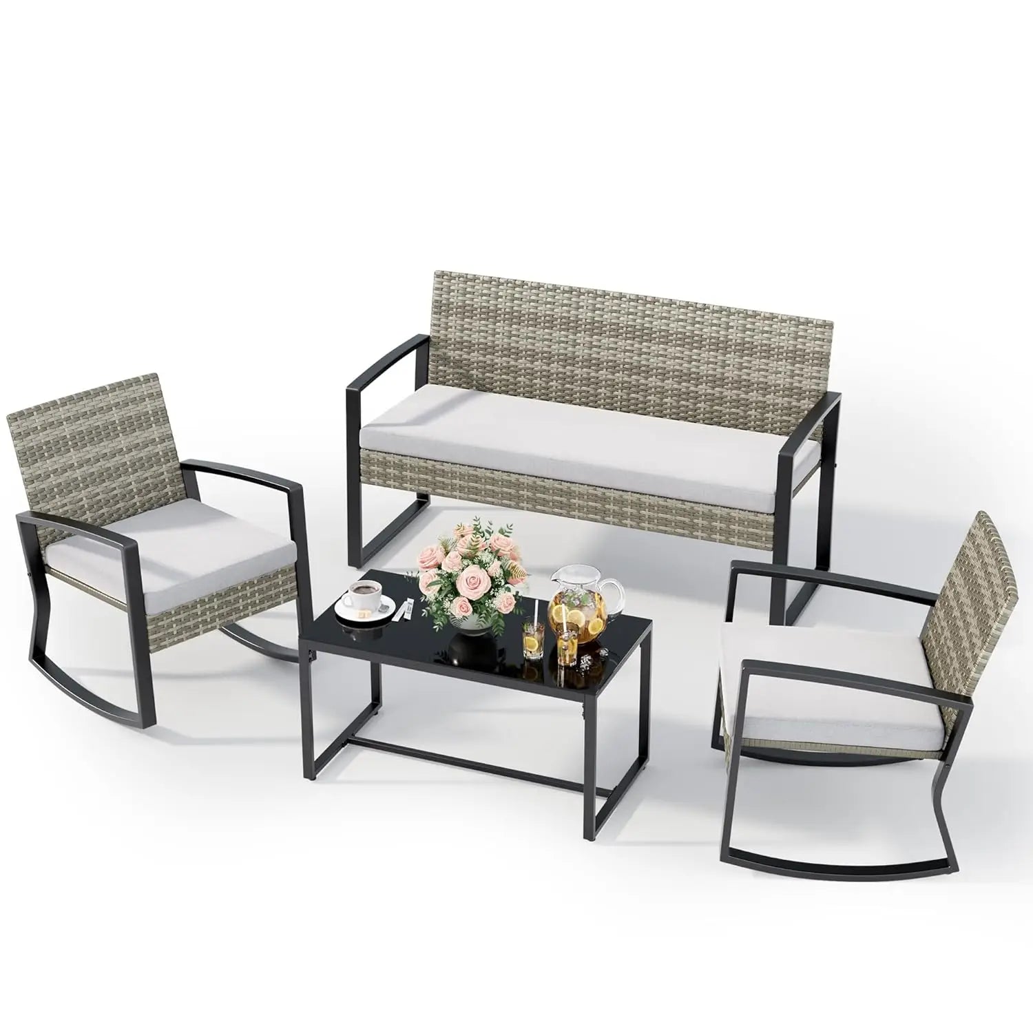 4 Piece Outdoor Patio Furniture Set, Wicker Patio Furniture with Glass Coffee Table, Rocking Wicker Bistro Set, for, Customized