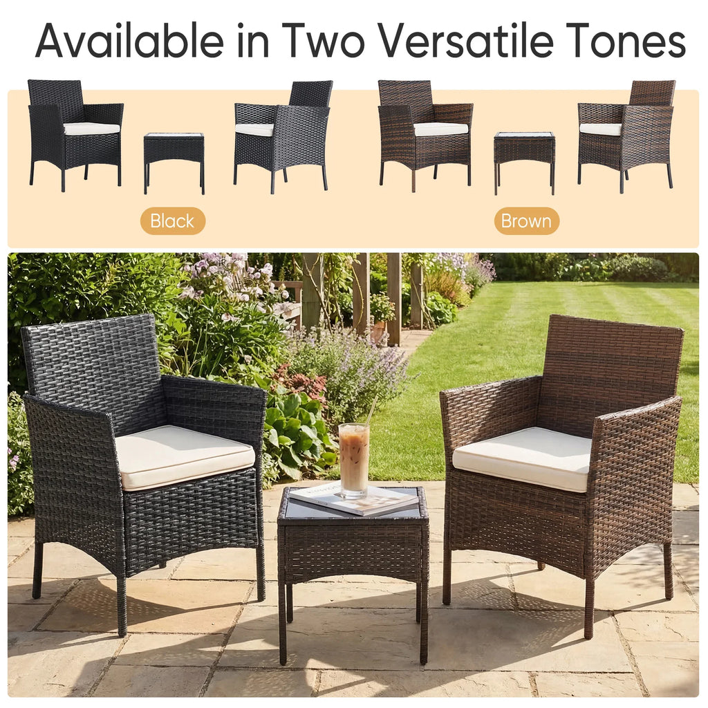 JHK 3 Pieces Outdoor Patio Furniture Set Manual Weaving Wicker Rattan Patio Chairs with Soft Cushion and Glass Table For Garden