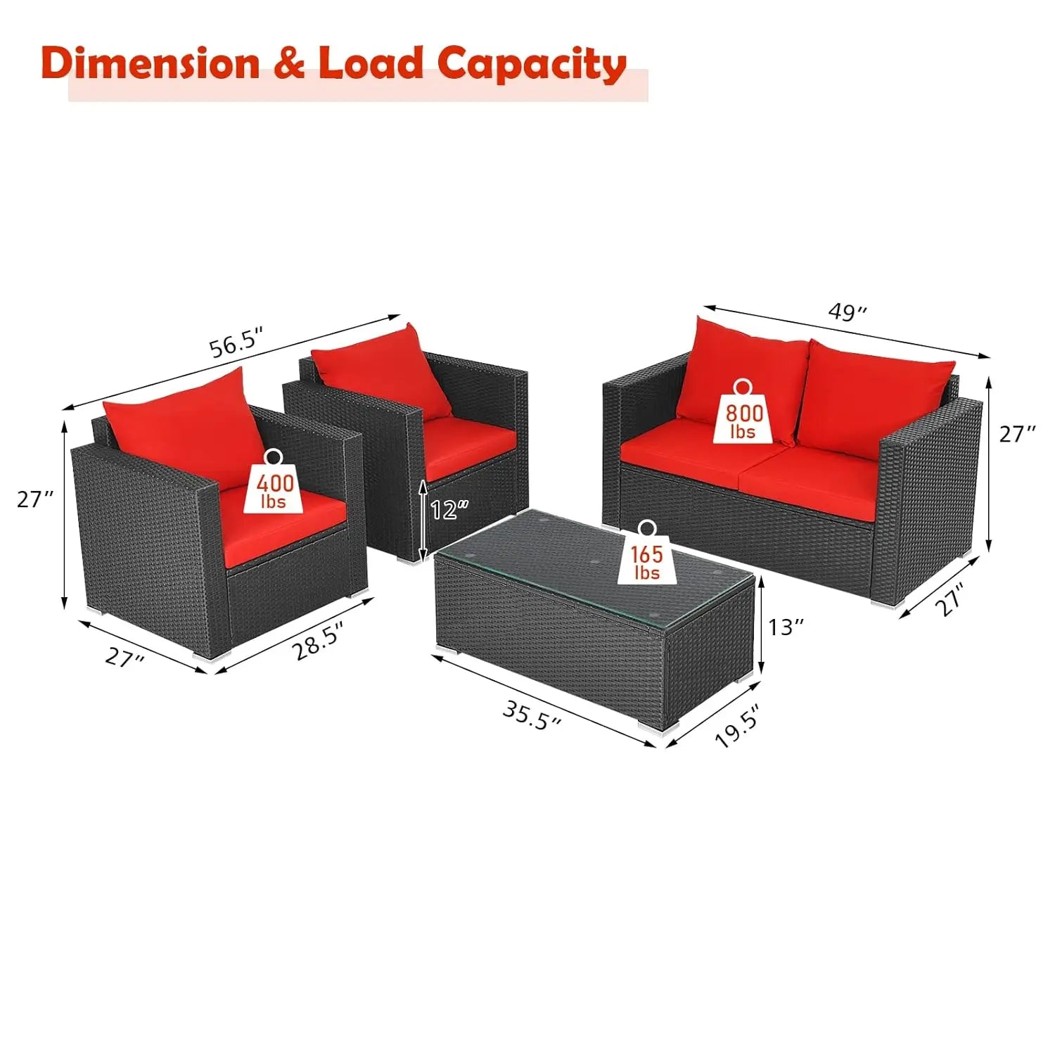 4pc Cushioned Rattan Patio Furniture Set Sofa Loveseat Chair Coffee Table Tempered Glass Top Garden Pool Balcony, Customized