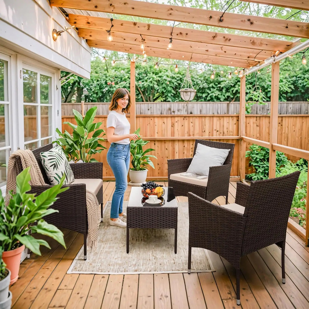 4 Pieces Outdoor Patio Furniture Sets Rattan Chair Wicker Set,Outdoor Indoor Use Backyard Porch