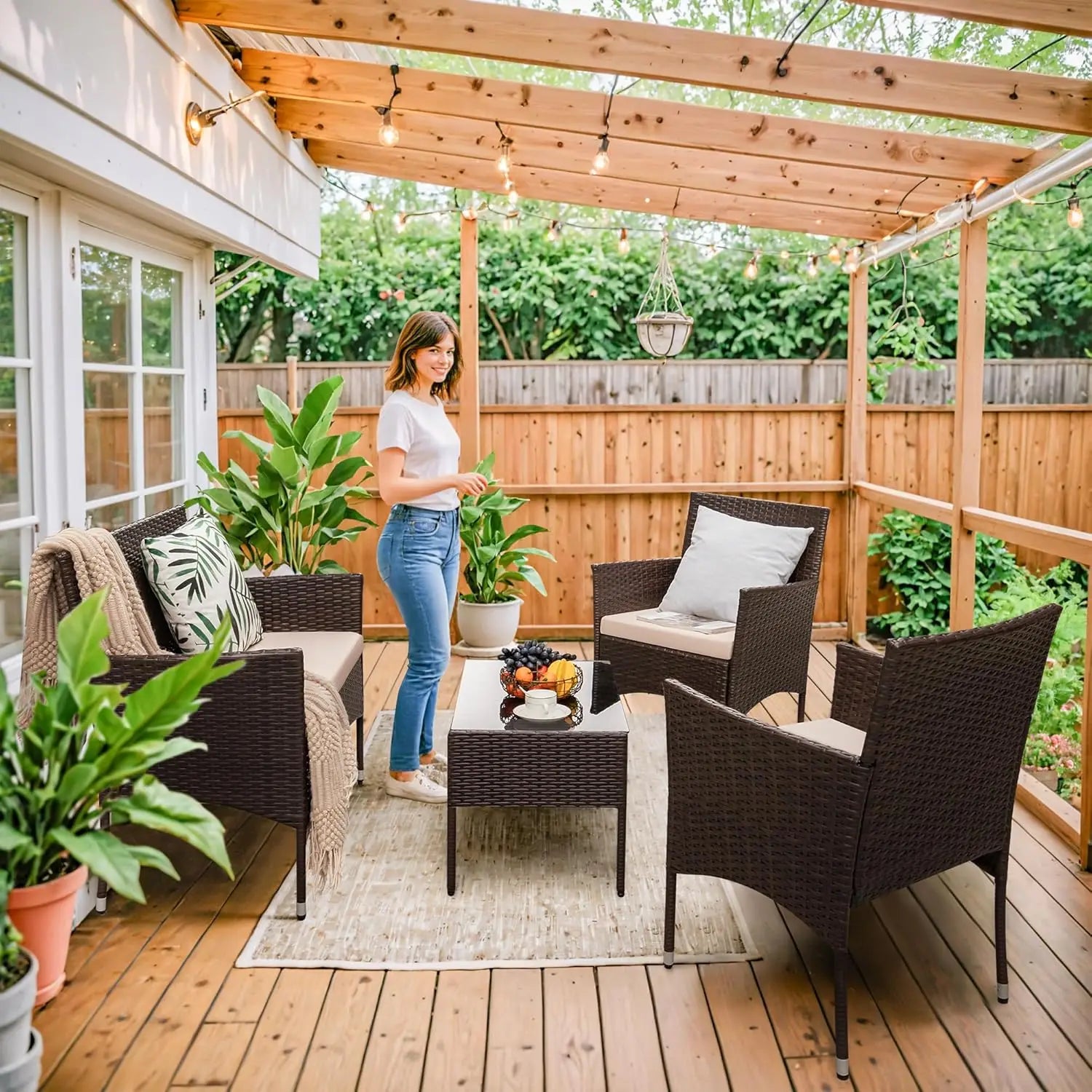 4 Pieces Outdoor Patio Furniture Sets Rattan Chair Wicker Set,Outdoor Indoor Use Backyard Porch