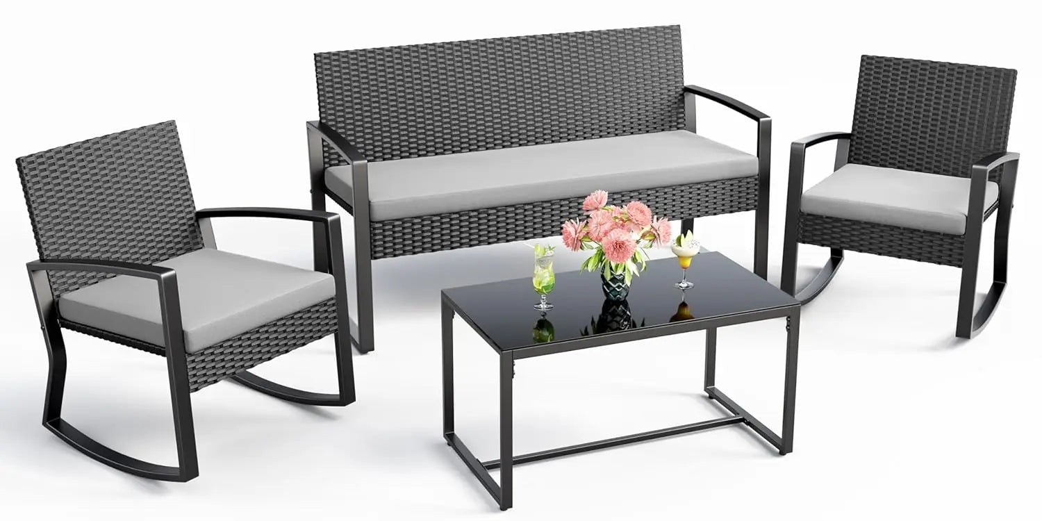 4 Piece Outdoor Patio Furniture Set, Wicker Patio Furniture with Glass Coffee Table, Rocking Wicker Bistro Set, for, Customized