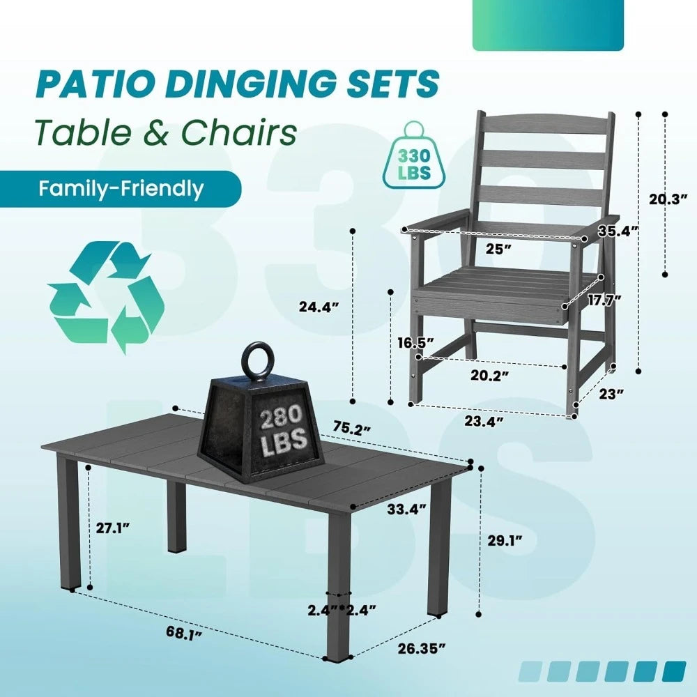 7 Pieces Patio Dining Sets, 75.2'' Table Outdoor HDPE Furniture Set w/ 2" Hole Cut-Out Dining Table with 6 Patio Chairs for Law