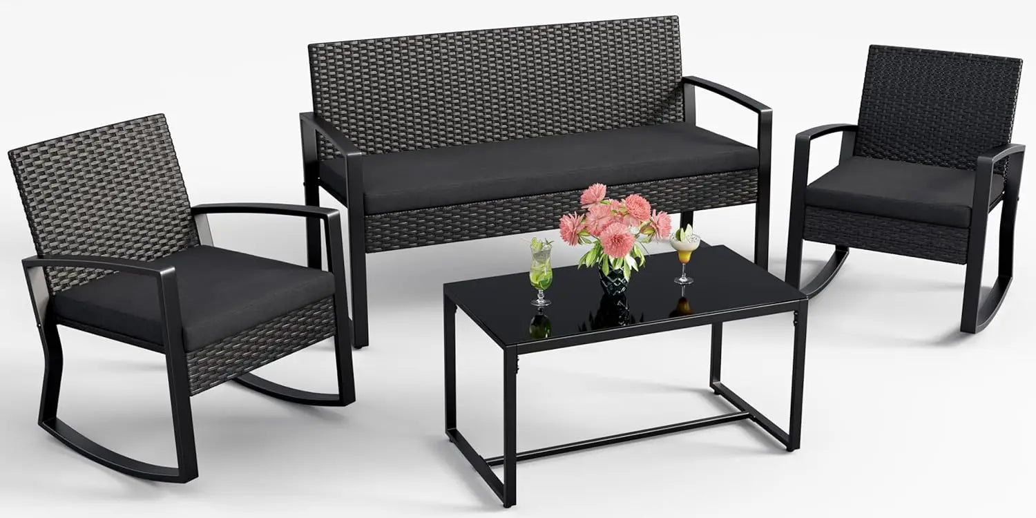 4 Piece Outdoor Patio Furniture Set, Wicker Patio Furniture with Glass Coffee Table, Rocking Wicker Bistro Set, for, Customized