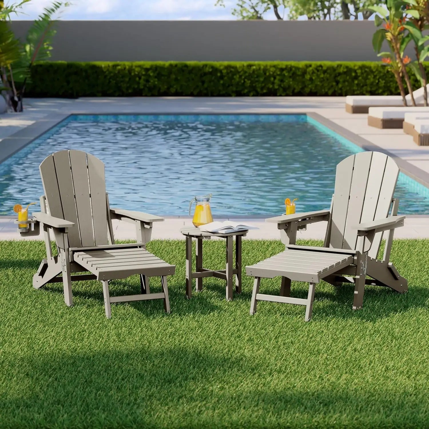 3-Piece Folding Adirondack Chair Set Adjustable Cup Holder Hideaway Ottoman 18" Side Table Outdoor Patio Garden White Custom