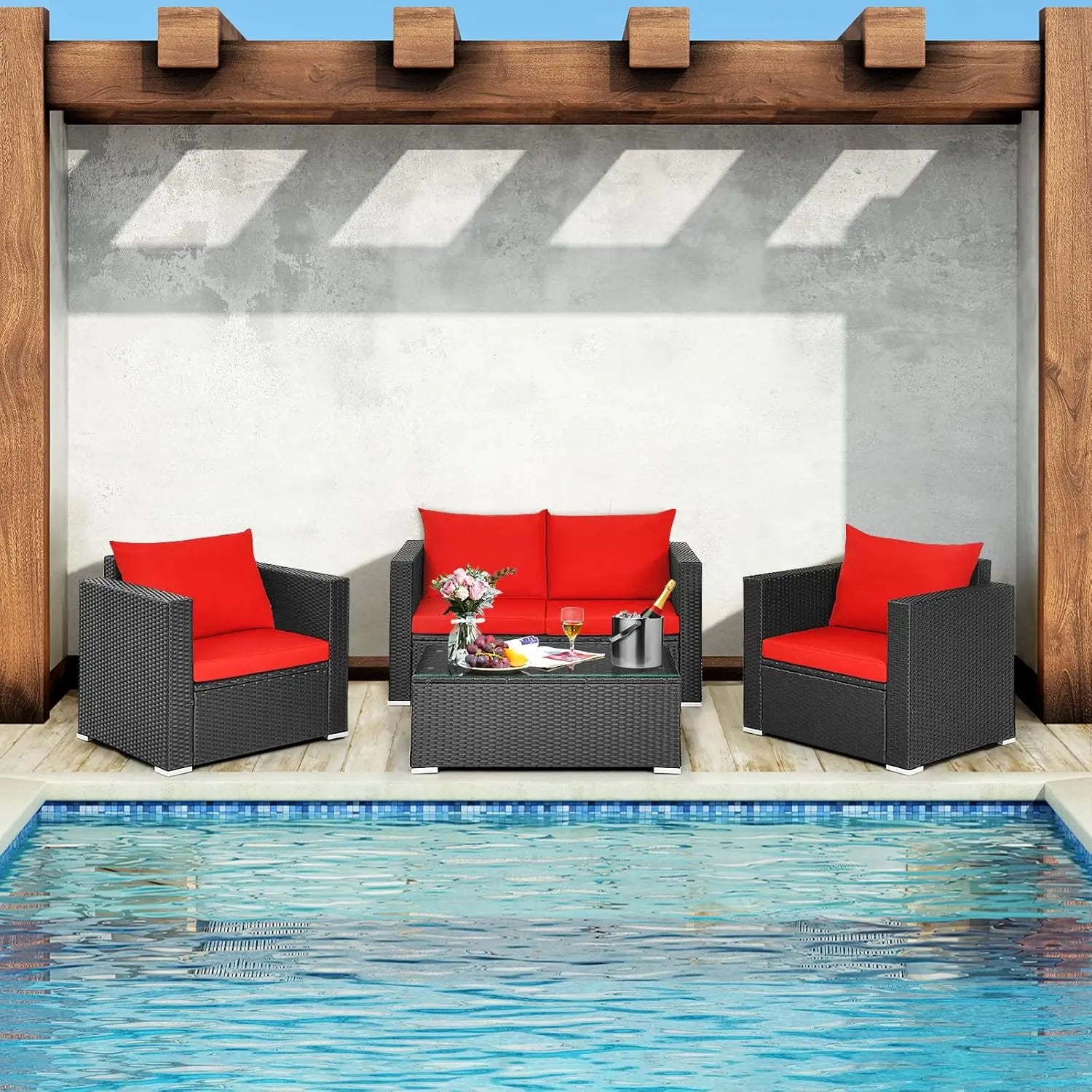 4pc Cushioned Rattan Patio Furniture Set Sofa Loveseat Chair Coffee Table Tempered Glass Top Garden Pool Balcony, Customized