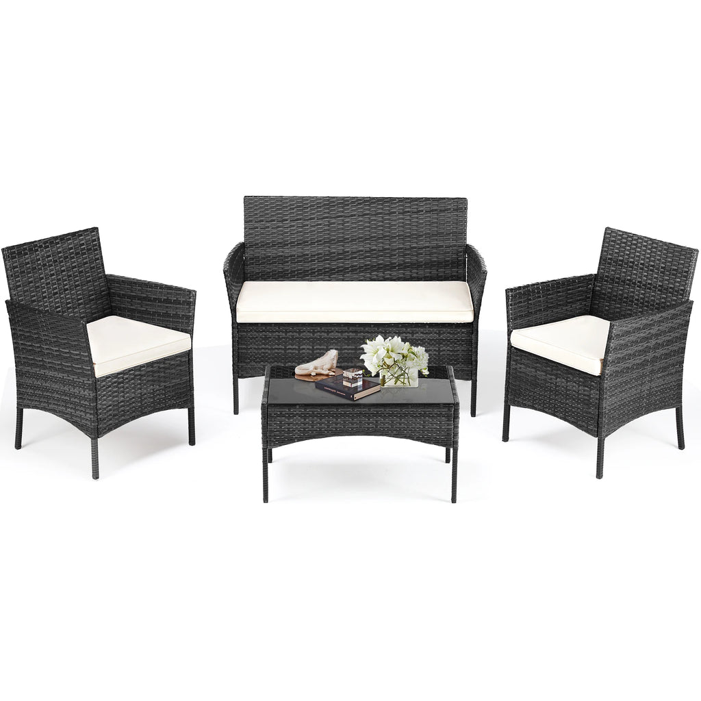 JHK 4 Piece Outdoor Patio Furniture Set with Soft Cushion and Glass Table Manual Weaving Wicker Rattan Patio Chairs For Garden