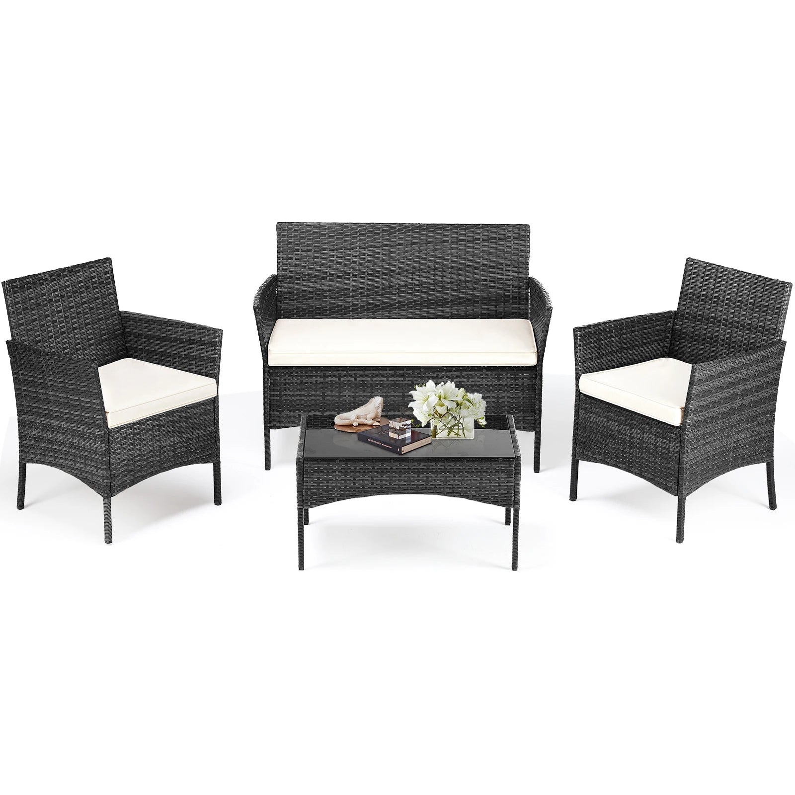 JHK 4 Piece Outdoor Patio Furniture Set with Soft Cushion and Glass Table Manual Weaving Wicker Rattan Patio Chairs For Garden