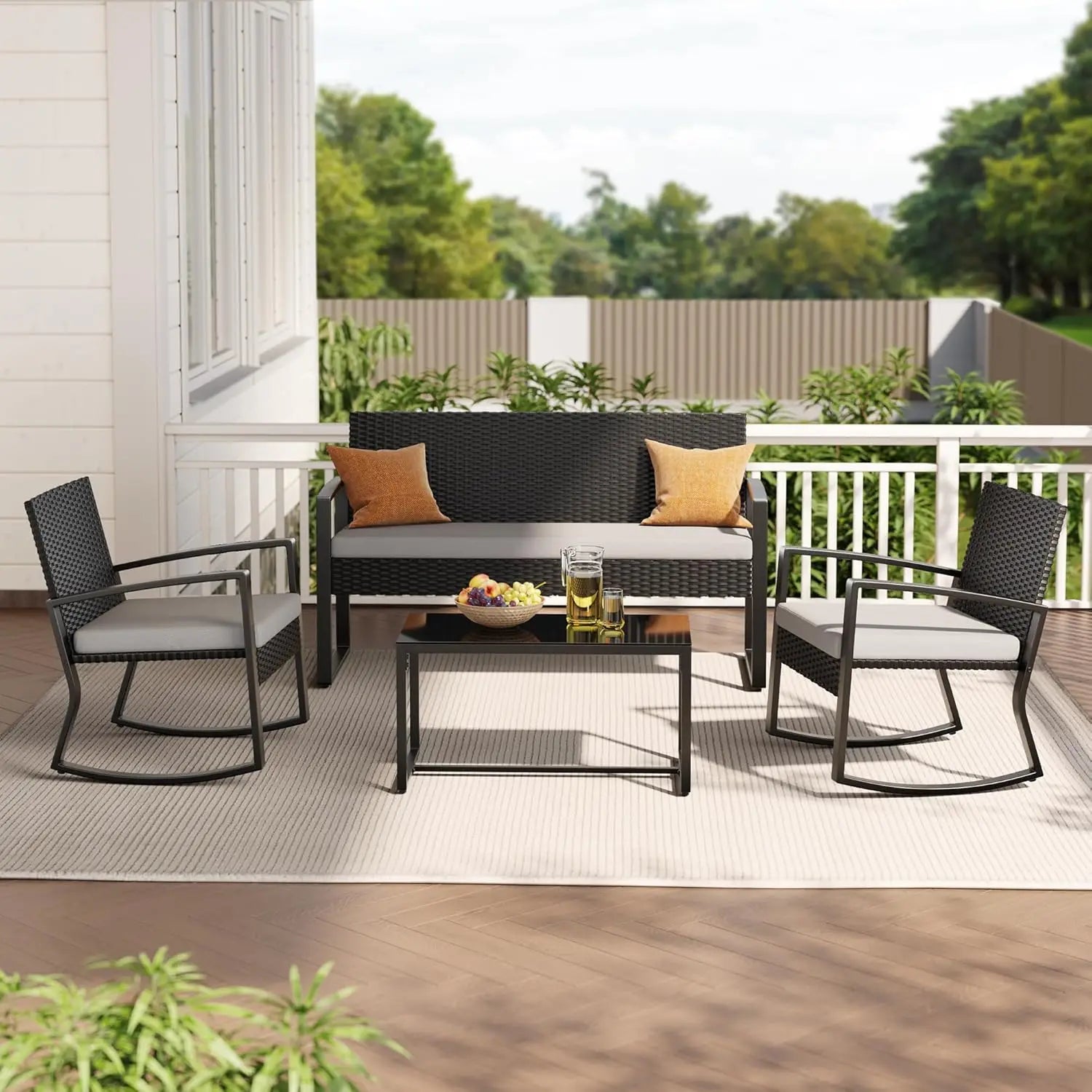 4 Piece Outdoor Patio Furniture Set, Wicker Patio Furniture with Glass Coffee Table, Rocking Wicker Bistro Set, for, Customized