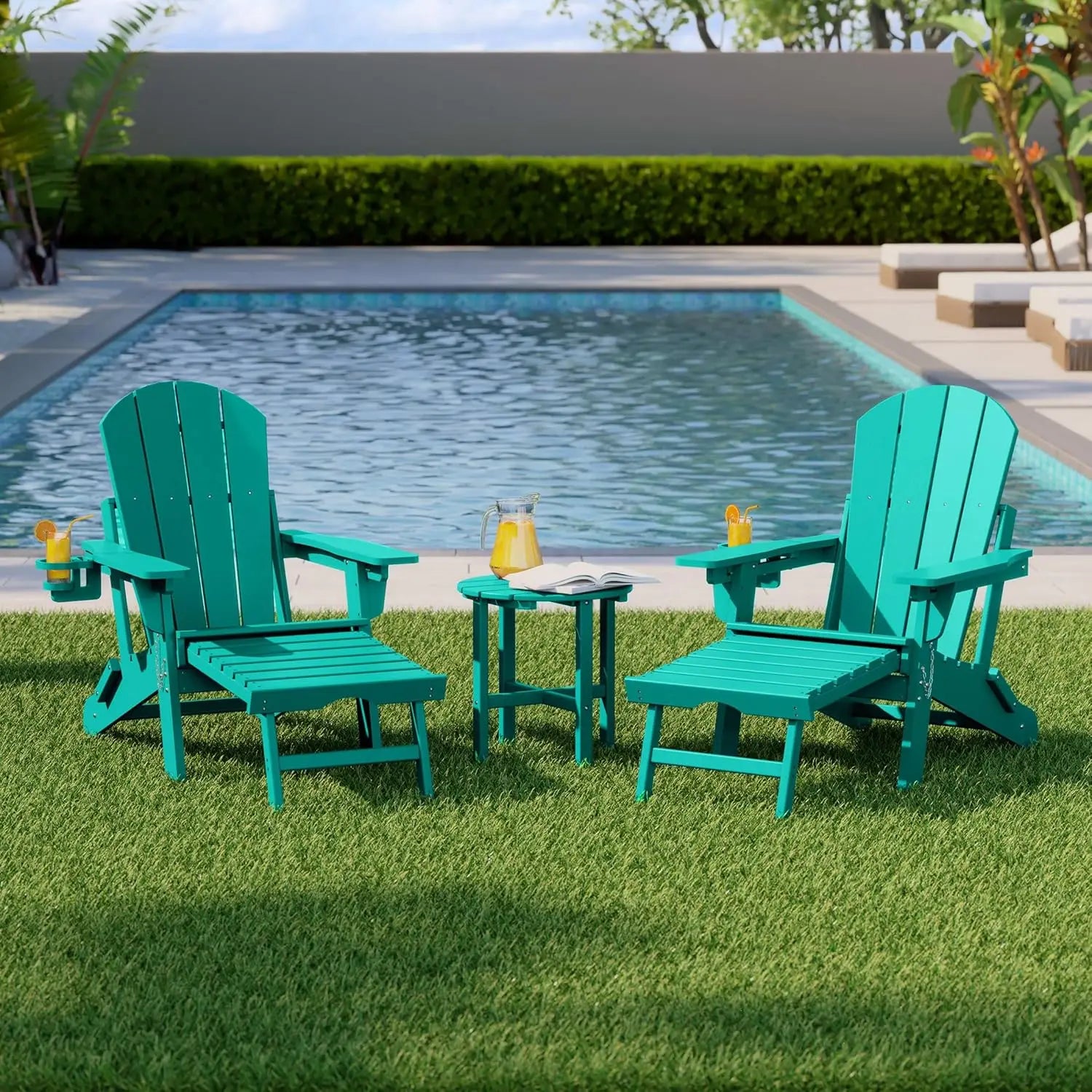 3-Piece Folding Adirondack Chair Set Adjustable Cup Holder Hideaway Ottoman 18" Side Table Outdoor Patio Garden White Custom