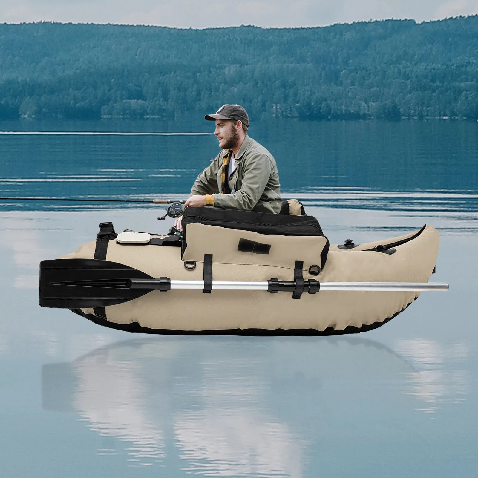 Outdoor Fishing Inflatable Boat Raft with Pump Adjustable Backrest 130kg Load Capacity for Lakes Rivers